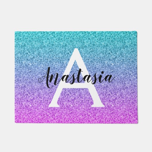 グラムパープルアクアグリッタースパークルグラジエントモノグラム ドアマット (正面)