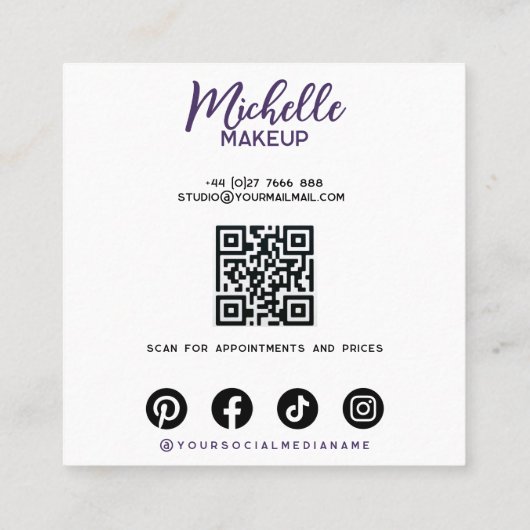 グラムパープルキラキラ輝くアイメイクアップアーティスト スクエア名刺 (裏面)