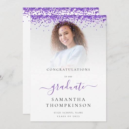 グラムパープルグリッター写真2024卒業 案内状 (正面/裏面)