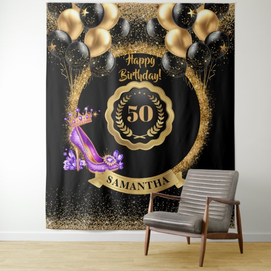 グラムパープルハイヒール金ゴールド50thバースデーパーティー タペストリー (インサイチュ)