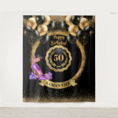 グラムパープルハイヒール金ゴールド50thバースデーパーティー タペストリー (正面)