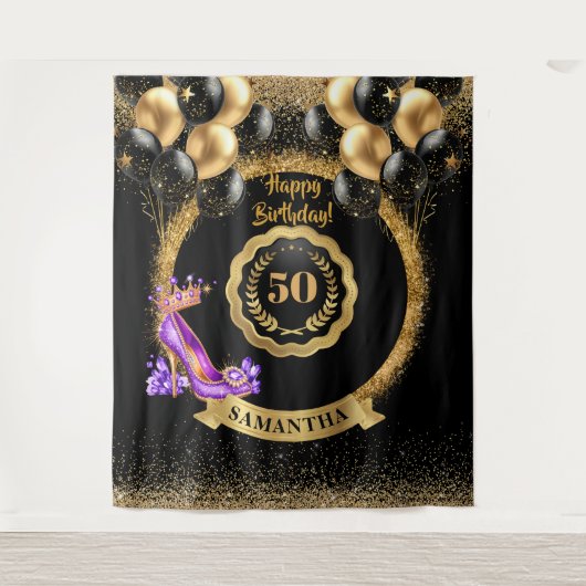 グラムパープルハイヒール金ゴールド50thバースデーパーティー タペストリー (正面)
