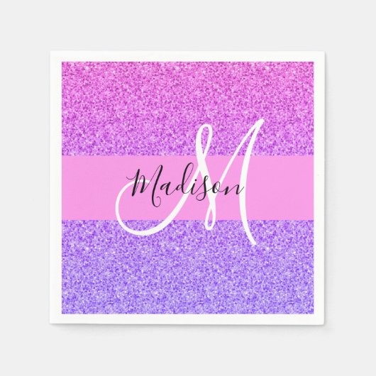 グラムパープルピンクグリッタースパークルグラジエントモノグラム スタンダードカクテルナプキン (正面)