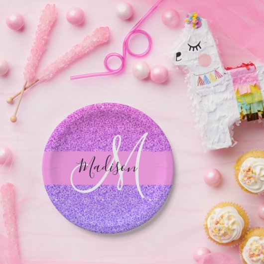 グラムパープルピンクグリッタースパークルグラジエントモノグラム ペーパープレート (パーティー)