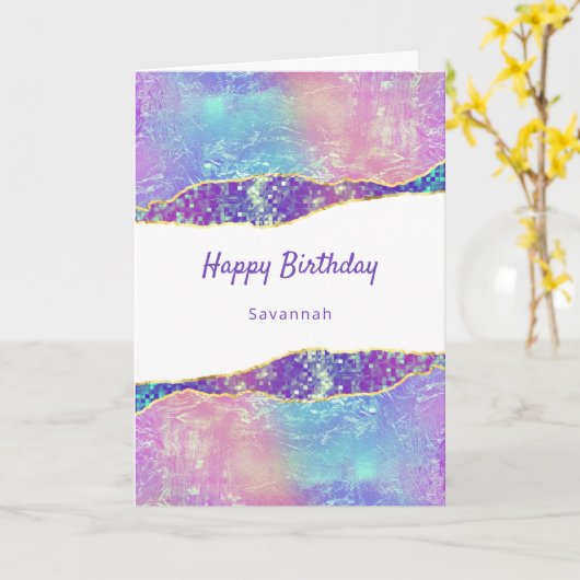 グラムパープルブルーピンク波パーソナライズされた誕生日 カード (黄色い花)