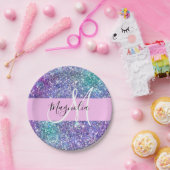 グラムパープルブルー&グリーングリッタースパークルモノグラム ペーパープレート (パーティー)