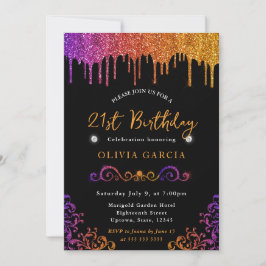 グラムパープル&オレンジグリッター21歳の誕生日 招待状
