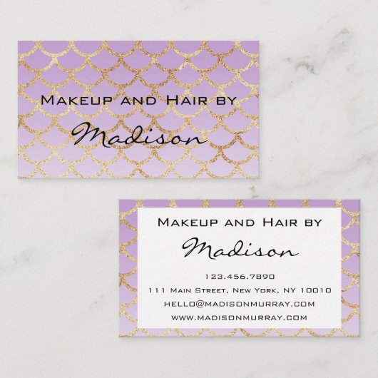 グラムパープル&金ゴールドマーメイドグリッターメイクアップアーティスト 名刺 (正面/裏面)