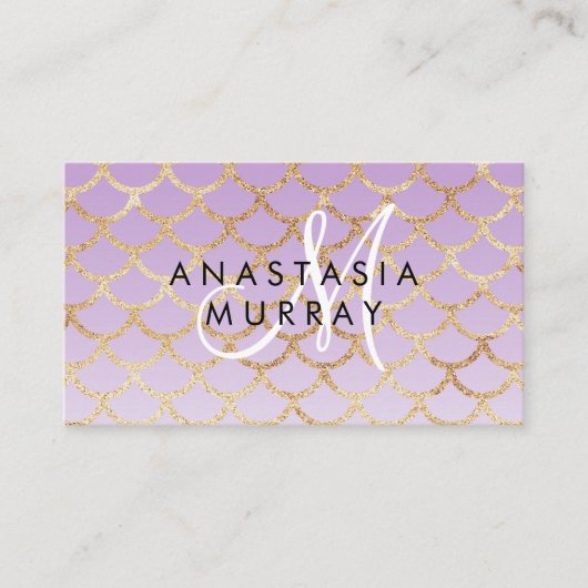 グラムパープル&金ゴールドマーメイドグリッターモノグラム名 名刺 (正面)