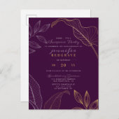 グラムパープル&金ゴールド葉スプライズパーティー インビテーションポストカード (正面/裏面)