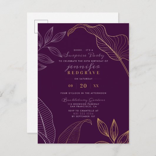 グラムパープル&金ゴールド葉スプライズパーティー インビテーションポストカード (正面/裏面)