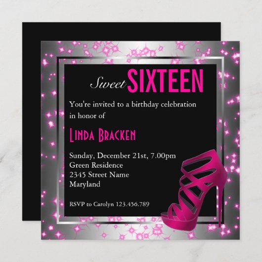 グラムピンきらめくクハイヒールSweet sixteen招待状 招待状 (正面/裏面)