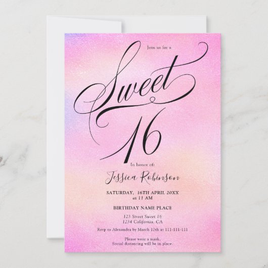 グラムピンクのレインボーホログラフィックスクリプトシックSweet 16 招待状 (正面)