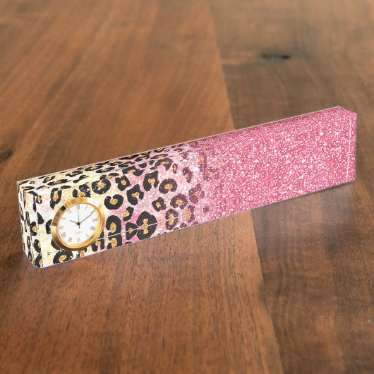 グラムピンクグリッターヒョウ柄 デスクネームプレート (側面)