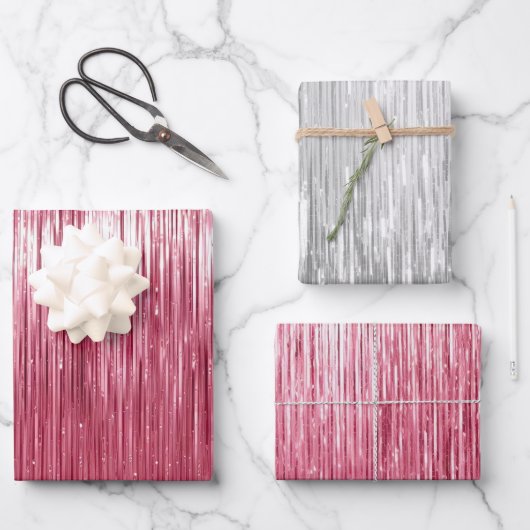 グラムピンクシルバースパークルストライプーズ ラッピングペーパーシート (正面)