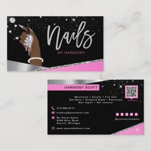 グラムピンクシルバーダイヤモンドネイルサロンテックアーティスト 名刺 (正面/裏面)