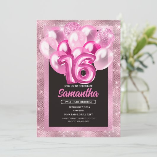 グラムピンクバルーン甘い16誕生日招待状 招待状 (スタンド正面)