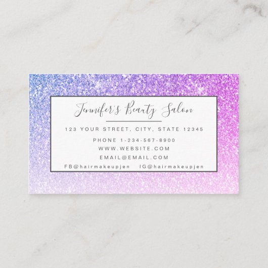 グラムピンクパープルグリッターメイクアップアーティストヘアサロン 名刺 (裏面)