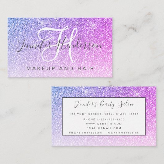グラムピンクパープルグリッターメイクアップアーティストヘアサロン 名刺 (正面/裏面)