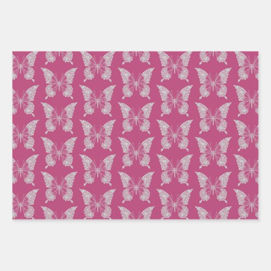 グラムピンクフェイクダイヤモンドバタフライとハート ラッピングペーパーシート (正面)