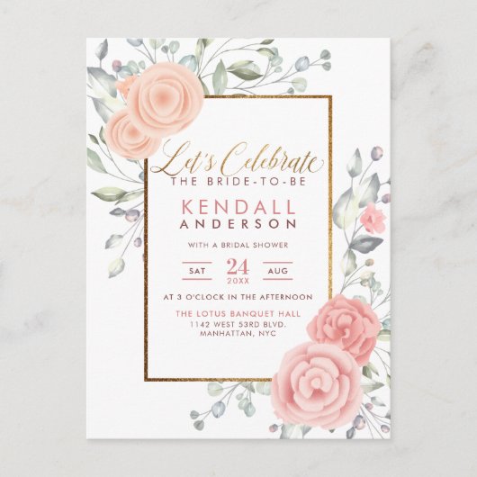 グラムピンクフラワー色彩の鮮やかズ春ブライダルシャワー インビテーションポストカード (正面)