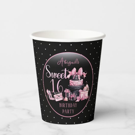 グラムピンクブラックファッションスウィート16バースデーパーティー 紙コップ (裏面)