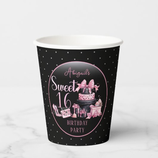グラムピンクブラックファッションスウィート16バースデーパーティー 紙コップ (正面)