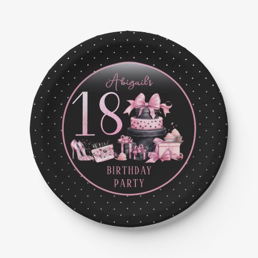 グラムピンクブラックファッション18thバースデーパーティー ペーパープレート (正面)
