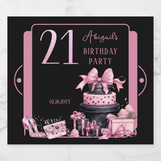 グラムピンクブラックファッション21歳の誕生日パーティー スパークリングワインラベル (シングルラベル)