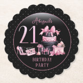 グラムピンクブラックファッション21歳の誕生日パーティー ペーパーコースター (正面)