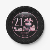 グラムピンクブラックファッション21歳の誕生日パーティー ペーパープレート (正面)