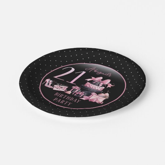 グラムピンクブラックファッション21歳の誕生日パーティー ペーパープレート (アングル)