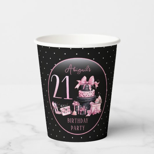 グラムピンクブラックファッション21歳の誕生日パーティー 紙コップ (裏面)