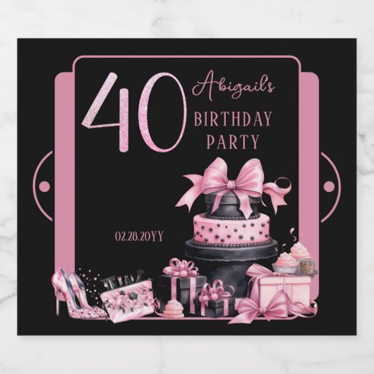 グラムピンクブラックファッション40th誕生日パーティー スパークリングワインラベル (シングルラベル)