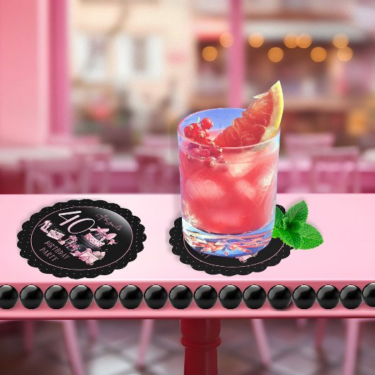 グラムピンクブラックファッション40th誕生日パーティー ペーパーコースター