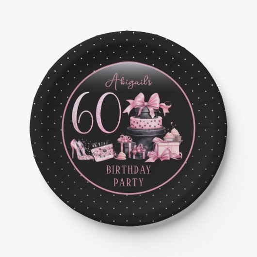 グラムピンクブラックファッション60thバースデーパーティー ペーパープレート (正面)