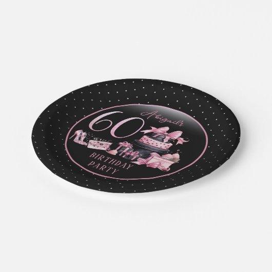 グラムピンクブラックファッション60thバースデーパーティー ペーパープレート (アングル)