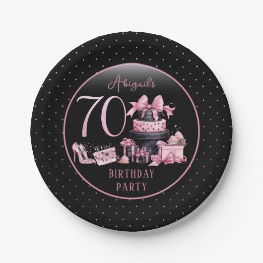 グラムピンクブラックファッション70thバースデーパーティー ペーパープレート (正面)