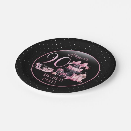 グラムピンクブラックファッション90thバースデーパーティー ペーパープレート (アングル)