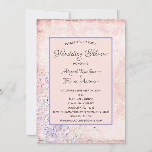 グラムピンクホワイトパープルスパークルウェディングシャワー 招待状 (正面)