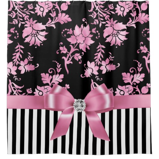 グラムピンクボウ – ピンクステンシルピンチ白黒ピンストライプ シャワーカーテン (正面)