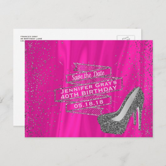 グラムピンク日付を保存エレガントな誕生日パーティー 案内ポストカード (正面/裏面)