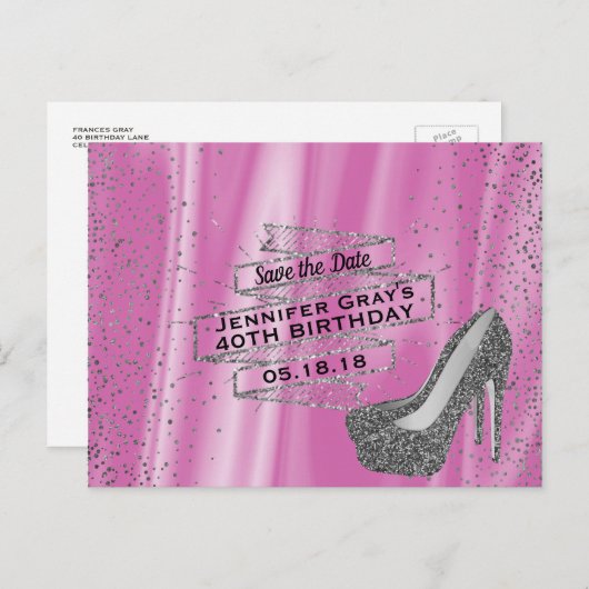 グラムピンク日付を保存エレガントな誕生日パーティー 案内ポストカード (正面/裏面)