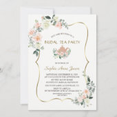 グラムピンク白フローラ金ゴールドフレームブライダルティーパーティー 招待状 (正面)