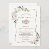 グラムピンク白フローラ金ゴールドフレームブライダルティーパーティー 招待状 (正面/裏面)