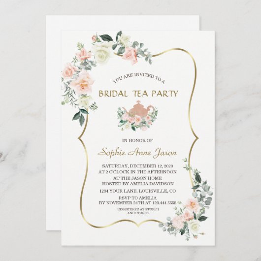 グラムピンク白フローラ金ゴールドフレームブライダルティーパーティー 招待状 (正面/裏面)