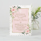 グラムピンク赤面花金ゴールド大理石ツインズバプテスマ 招待状 (スタンド正面)