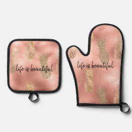 グラムピンク金ゴールドパイナップル 鍋つかみ&鍋敷きセット