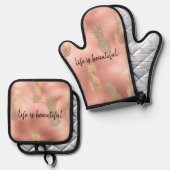 グラムピンク金ゴールドパイナップル 鍋つかみ&鍋敷きセット (正面/裏面)