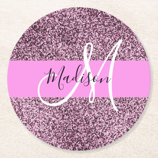 グラムピンク&バイオレットグリッタースパークルズモノグラム名 ラウンドペーパーコースター (正面)